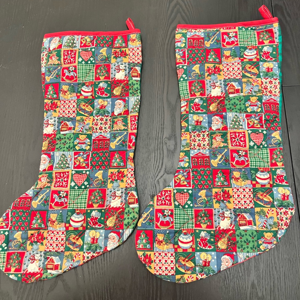 Set of 2 Vintage Patchwork Quilted Stocking plaid underside15”